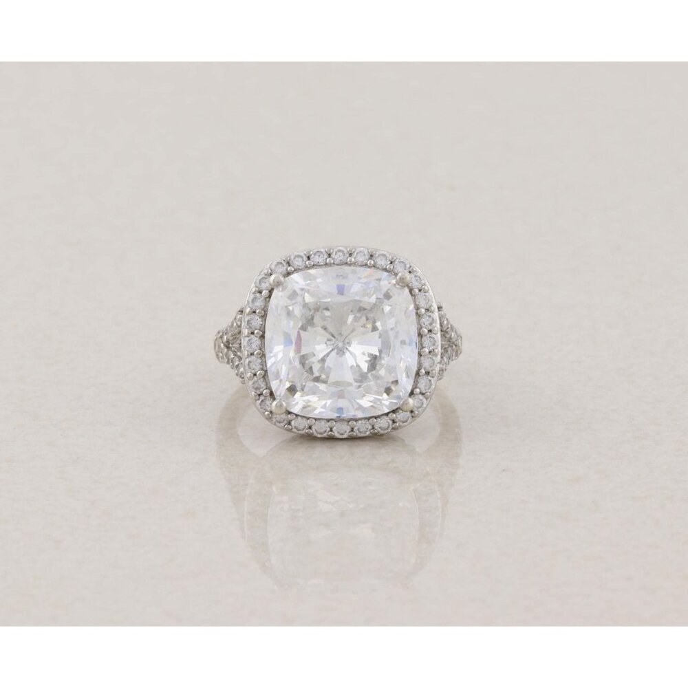 Sterling Silver Cushion Cut Cubic Zirconia Halo Ring Size 6 1/4 Sparkly